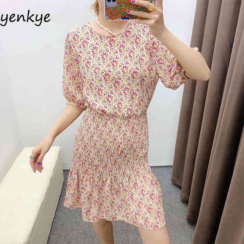 Floral Print Elastic Dress Women Round Neck Short Sleeve Hem Ruffle Mini Summer Casual Dresses robe femme BBWM2213 210515