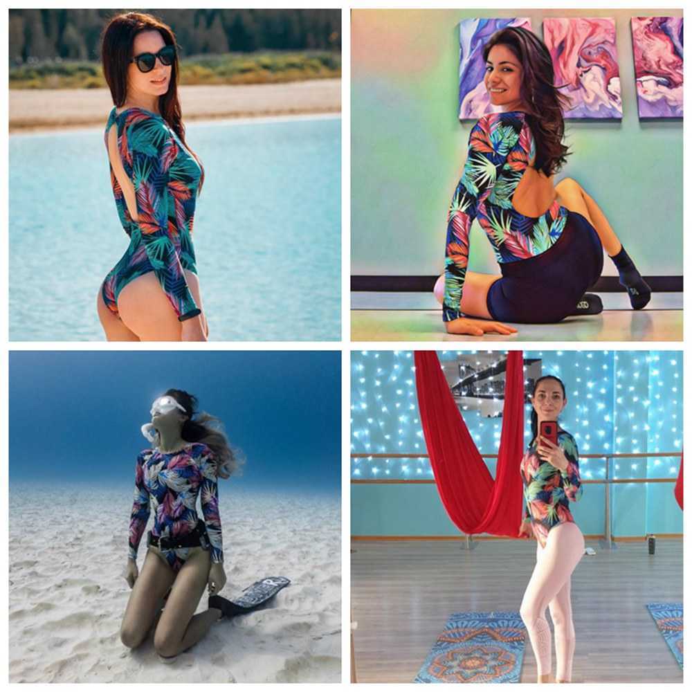 Rashguard Long Sleeve Swimsuit Print Surf Swimwear Women High Neck Bodysuit Swim Suits backless Monokini XL 210625