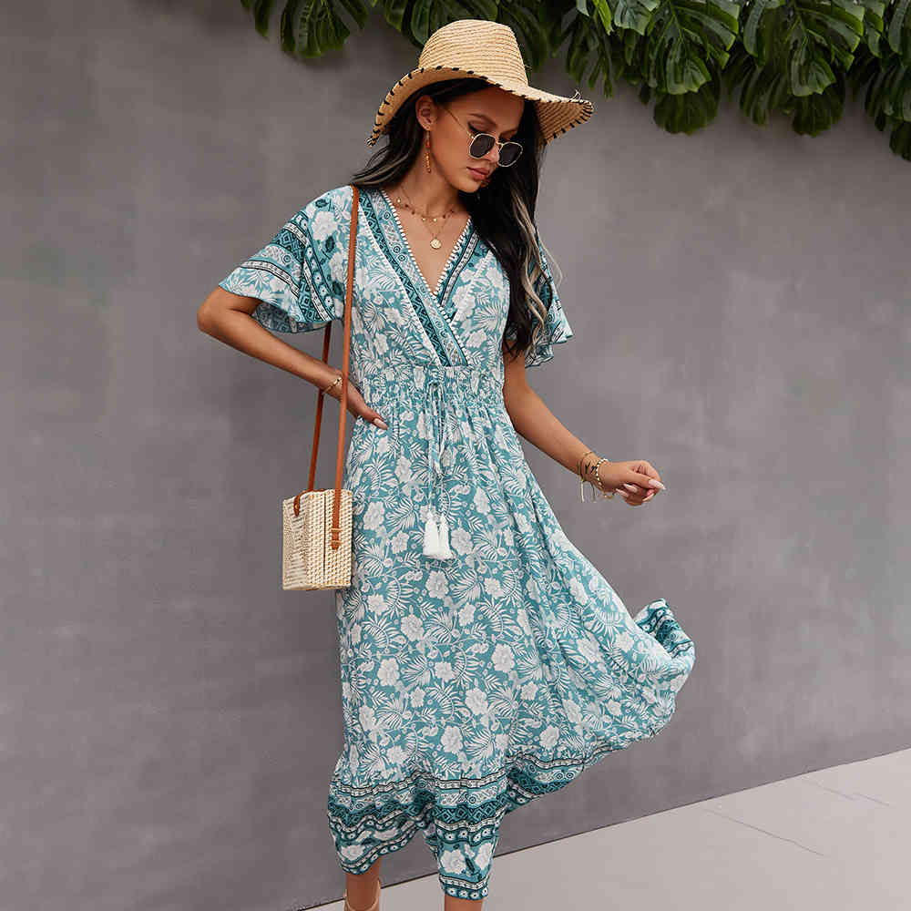 Beach Casual Printed V-Neck Short Sleeve Dress High Waist Summer Women Sundress Fashion Midi dress Vestidos Bohemian 210508