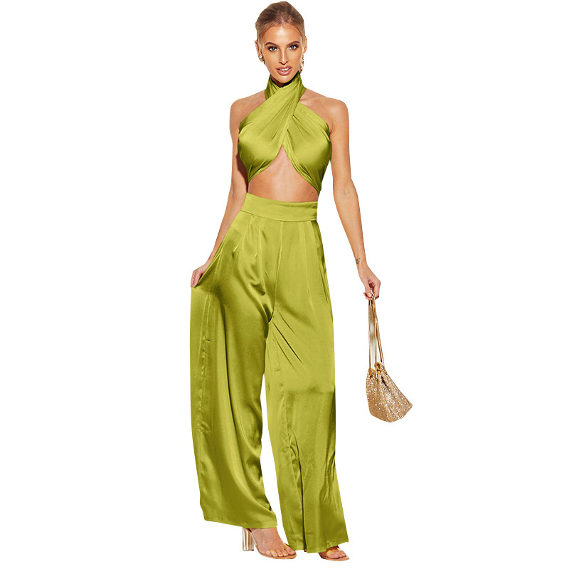 Women Set Top Pants Sets Sleeveless Bandage Sexy Short Tops High Waist Wide Leg Summer Woman 210513
