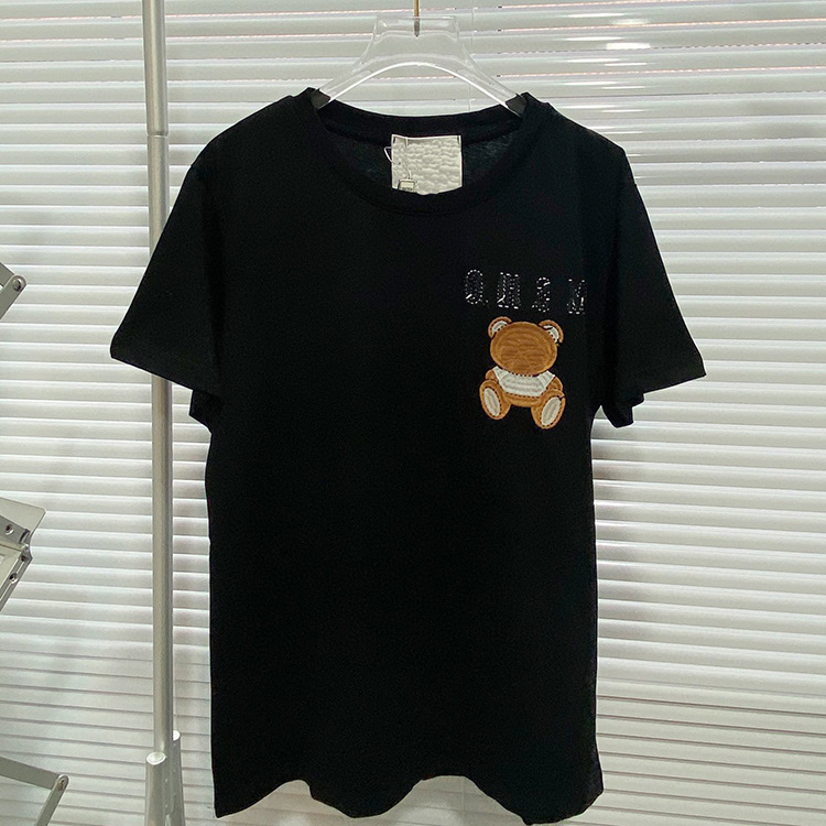 Luxury design summer Mo + reverse routing embroidery letter bear round neck short sleeve women' fashion loose T-shirt, Black 
Luxury design summer Mo + reverse routing embroidery letter bear round neck short sleeve women' fashion loose T-shirt, Black