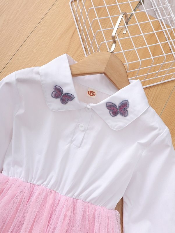 Girls Two Tone Butterfly Appliques Mesh Hem Dress SHE