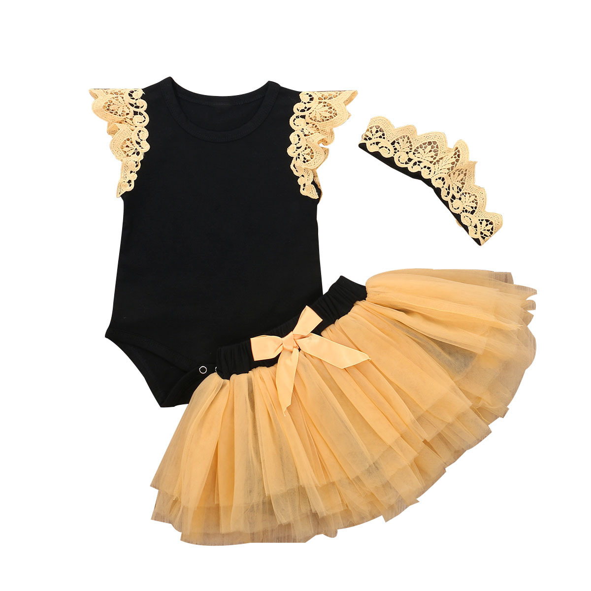 0-24M Princess born Infant Baby Girls Clothes Set Lace Fly Sleeve Romper Tulle Tutu Skirts Headband Birthday Outfits Summer 210515