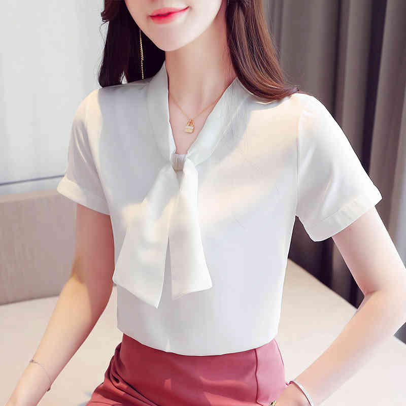 Casual Short Sleeve Solid Shirt Women Summer V Neck Tops Chiffon Pullover Blouse Blusas Mujer De Moda 9569 210506