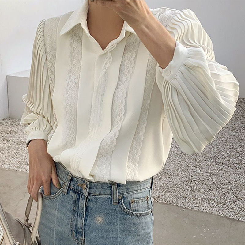 Nomikuma Korean Pleated Lantern Sleeve Blouse Shirt Causal Lace Patchwork Women Tops Elegant Turn-down Collar Blusas 6D661 210427