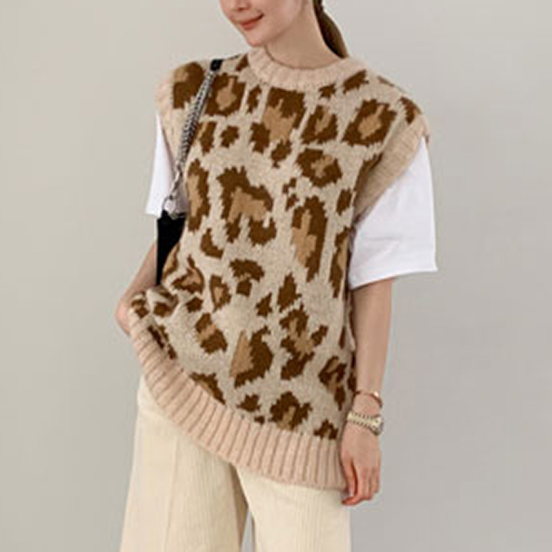 High Street Leopard Sweater Vest Women O Neck Pullover Sweaters Sleeveless Loose Fashion Knit Ladies Tops Autumn Spring 210414