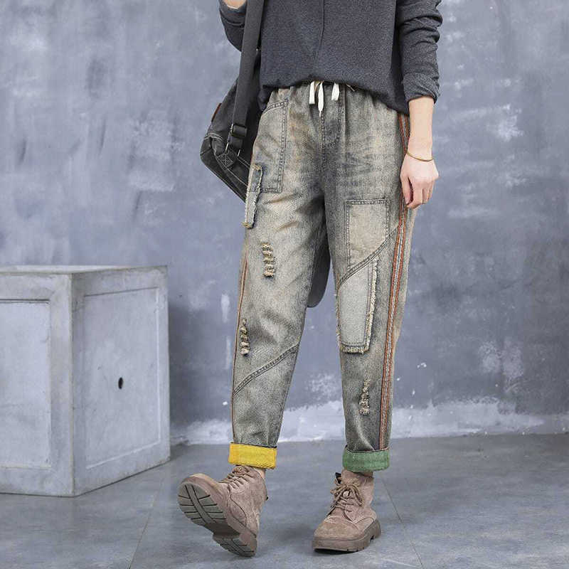 Arrival Spring Arts Style Women Elastic Waist Cotton Denim Harem Pants Patchwork Pocket Vintage Loose Ripped Jeans S582 210922