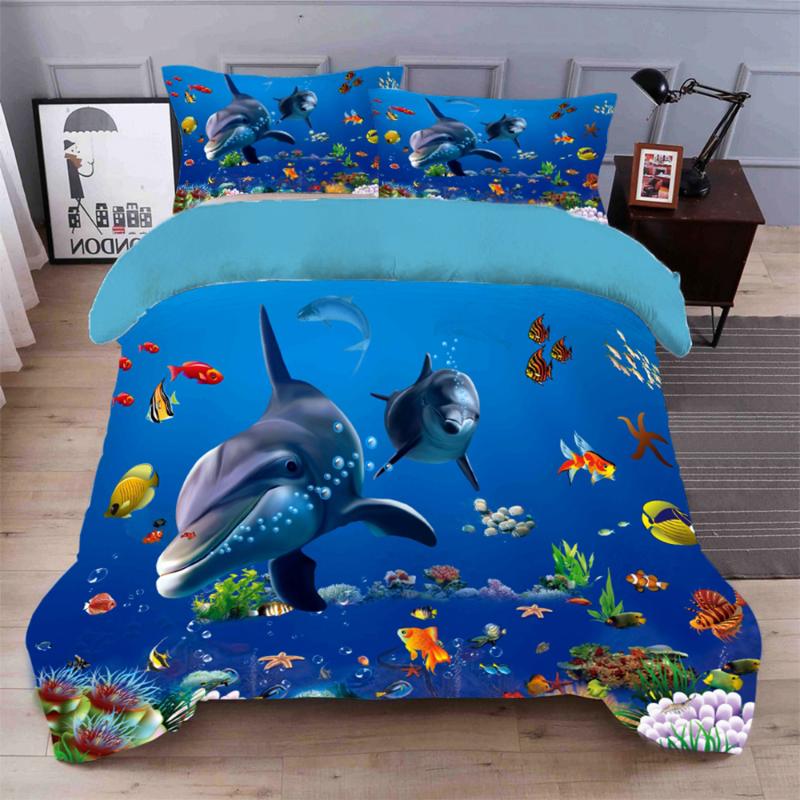 Cute Dolphin Duvet Cover Child Bedspread Twin Size Bedding Set Brushed Fabric Luxury Home Textile 3pcs Flat PillowCase Sets