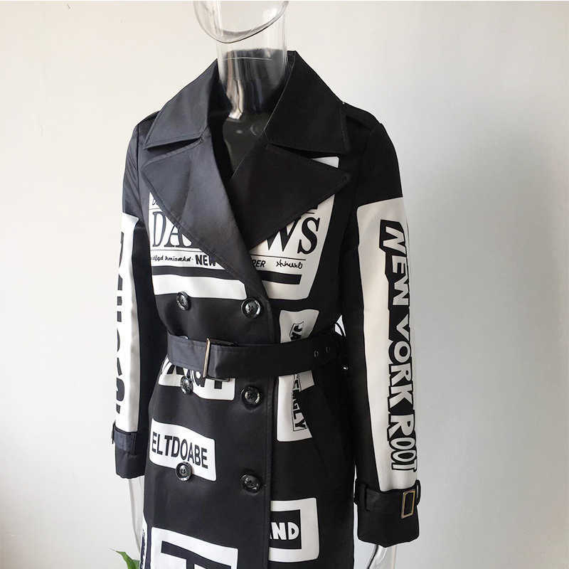HarleyFashion Autumn Winter Women Long Coat Letters Printing High Street Stylish Graffiti Casual Quality Windbreaker Trench 210820