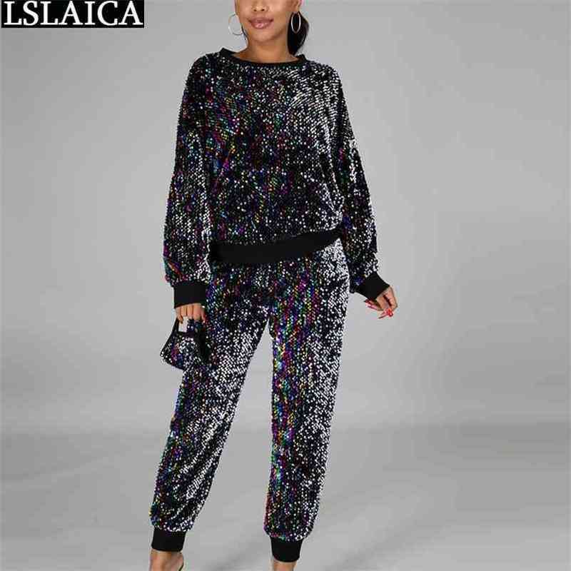 Fall Clothes for Women 2 Piece Set Fashion Bling Sequin Long Sleeve Tops and Full Length Pants Sets with Mask Club Outfits 210515