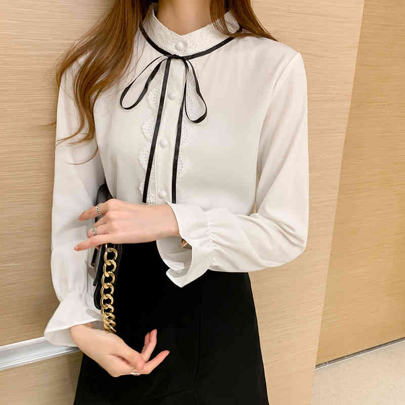 Fashion Autumn Long Sleeve White Womens Blouses Bow Tie Sweet Slim Shirt All-match Casual 10780 210512