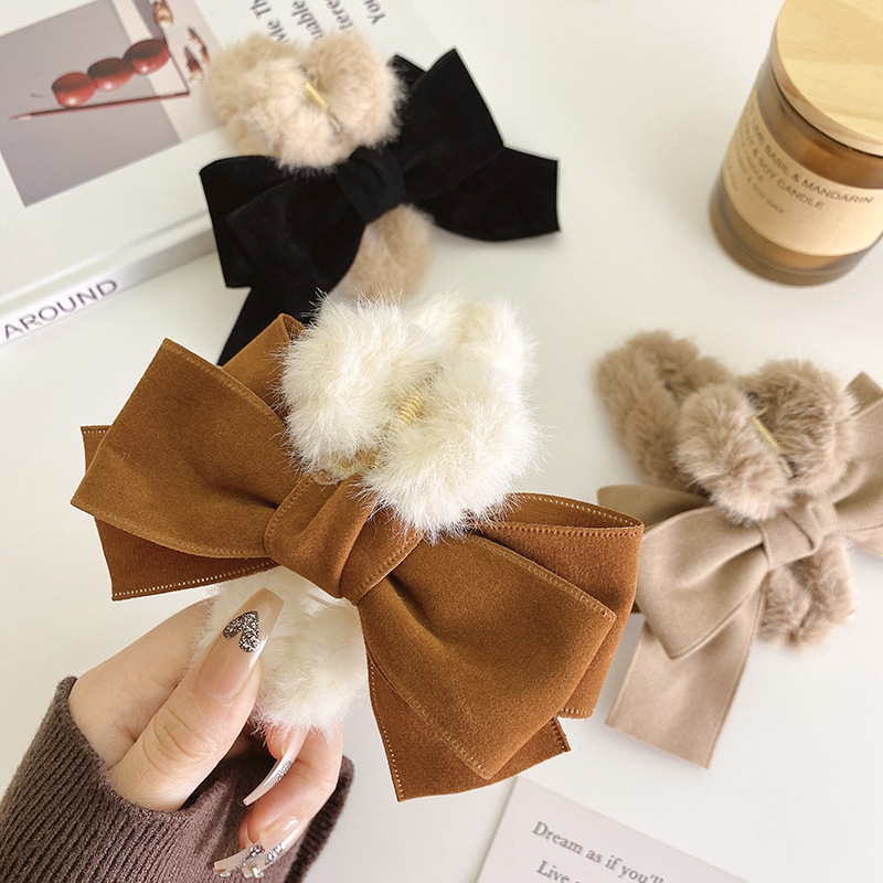Large bow back head Plush dish hair clips female autumn winter headdress clip shark