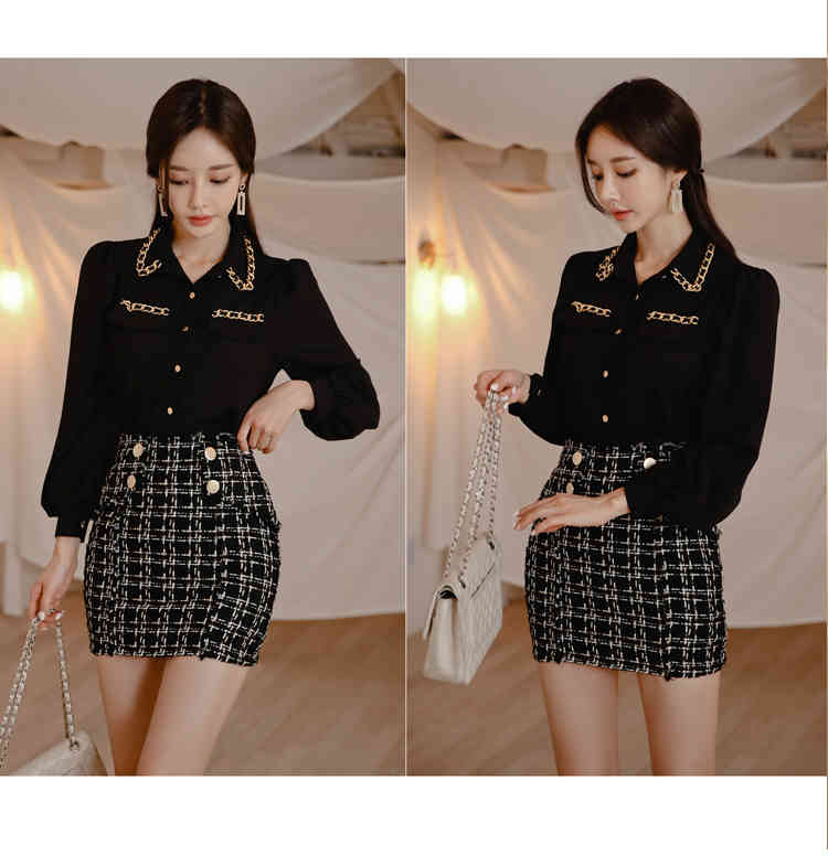 Ladies Fashion Tweed 2 Piece Set Women Autumn Turn Down Collar Black Chiffon Shirt And High Waist Mini Skirt Suit 210519