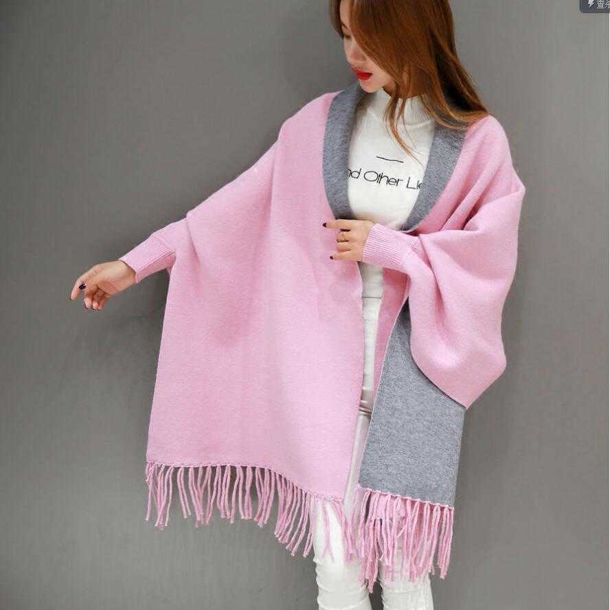 Autumn Winter Fashion Lady Tassel Knitted Shawl Sweater Women Solid Batwing Sleeve Poncho Cardigan wrap swing 211018
