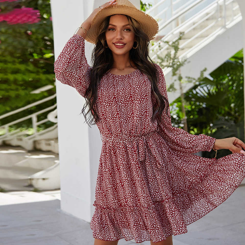 Ladies Vintage Mini Chiffon Dress Women Casual Long Sleeve Ruffles High Waist Bohemian Spring Summer Women Dress Vestidos Female 210630