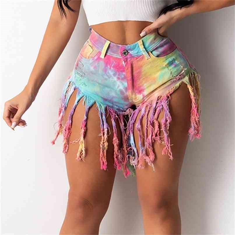 Tie Dye Print Women Tassel Denim Shorts Jeans Hight Waist Femme Skinny Slim 210714