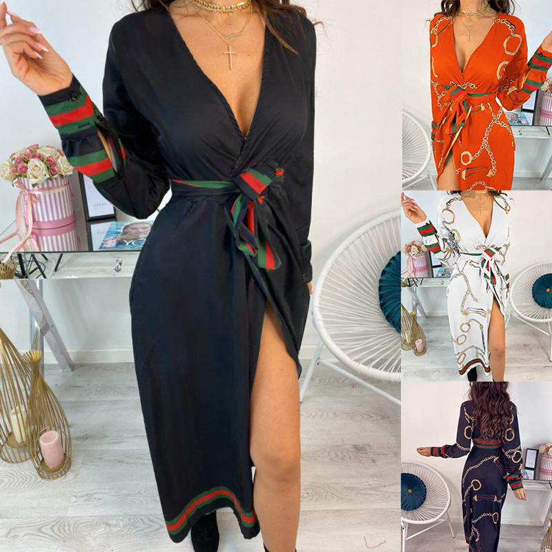 2021 Women Summer Deep V-neck Sexy High Waist with Belt Long Dress Chain Printing Fashion Casual Evening Party Long Sleeve Dress, Black
2021 Women Summer Deep V-neck Sexy High Waist with Belt Long Dress Chain Printing Fashion Casual Evening Party Long Sleeve Dress, Black