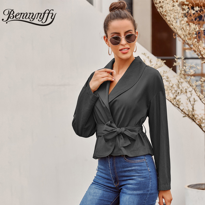 Elegant Office Lady Notched Collar Wrap Top with Belt Autumn Winter Long Sleeve High Street Womens Tops and Blouses 210510