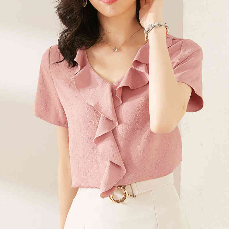 Short Sleeve All-match Slim-Fit Fashion Style Summer Tops and Blouse Solid Color Ruffled Chiffon Shirt Women Blusas Mujer 10055 210417