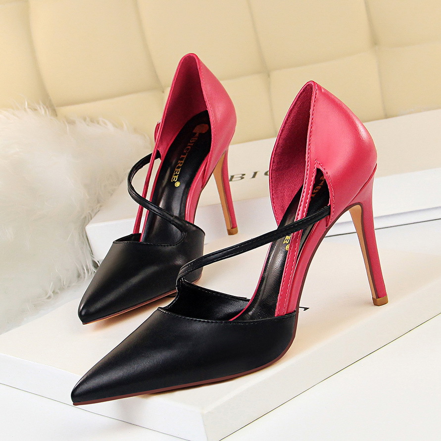 koreanstyle fashionable sweet high heels womens highheel shallowmouth pointedtoe color matching hollow a line thin shoes