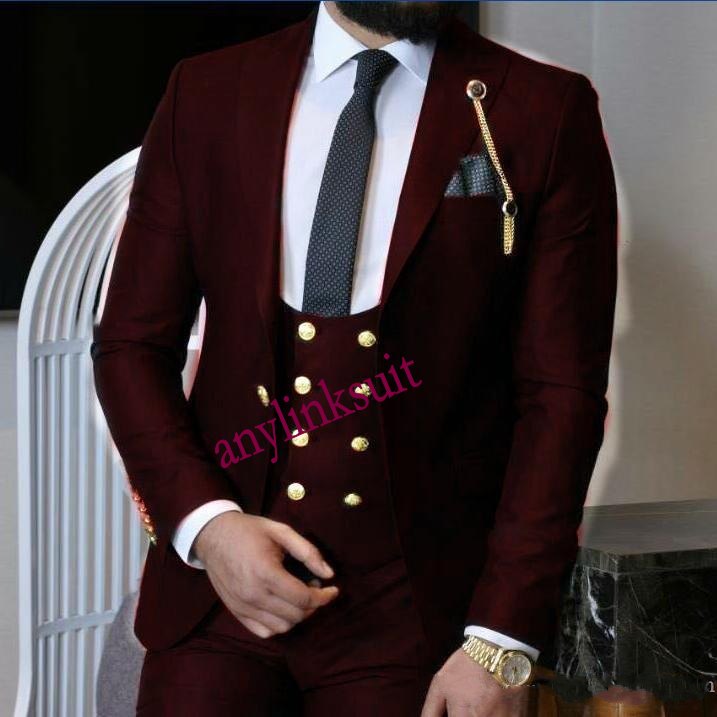 Latest Design One Button Black/Green/Wine/Blue Groom Tuxedos Peak Lapel Wedding Men Suits Three Pieces Business (Jacket+Pants+Vest+Tie) W1314
