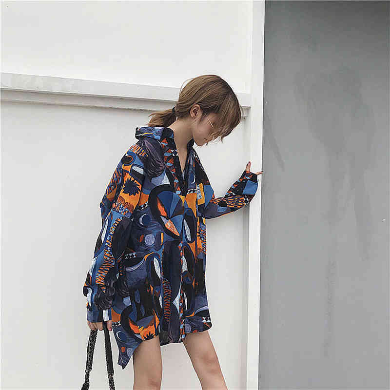 Spring Autumn Women Loose Long Shirts Plus Size Ink Painting Geometric Chiffon Blouses Female Turn-down Collar Ladies Tops D376 210512