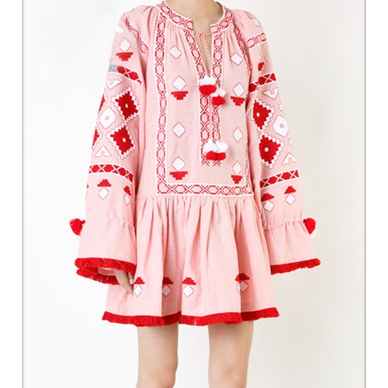 Women Vintage Ethnic Flower Embroidery Dress Cotton Linen Tunic Casual Hippie Boho People es Vestidos 210520