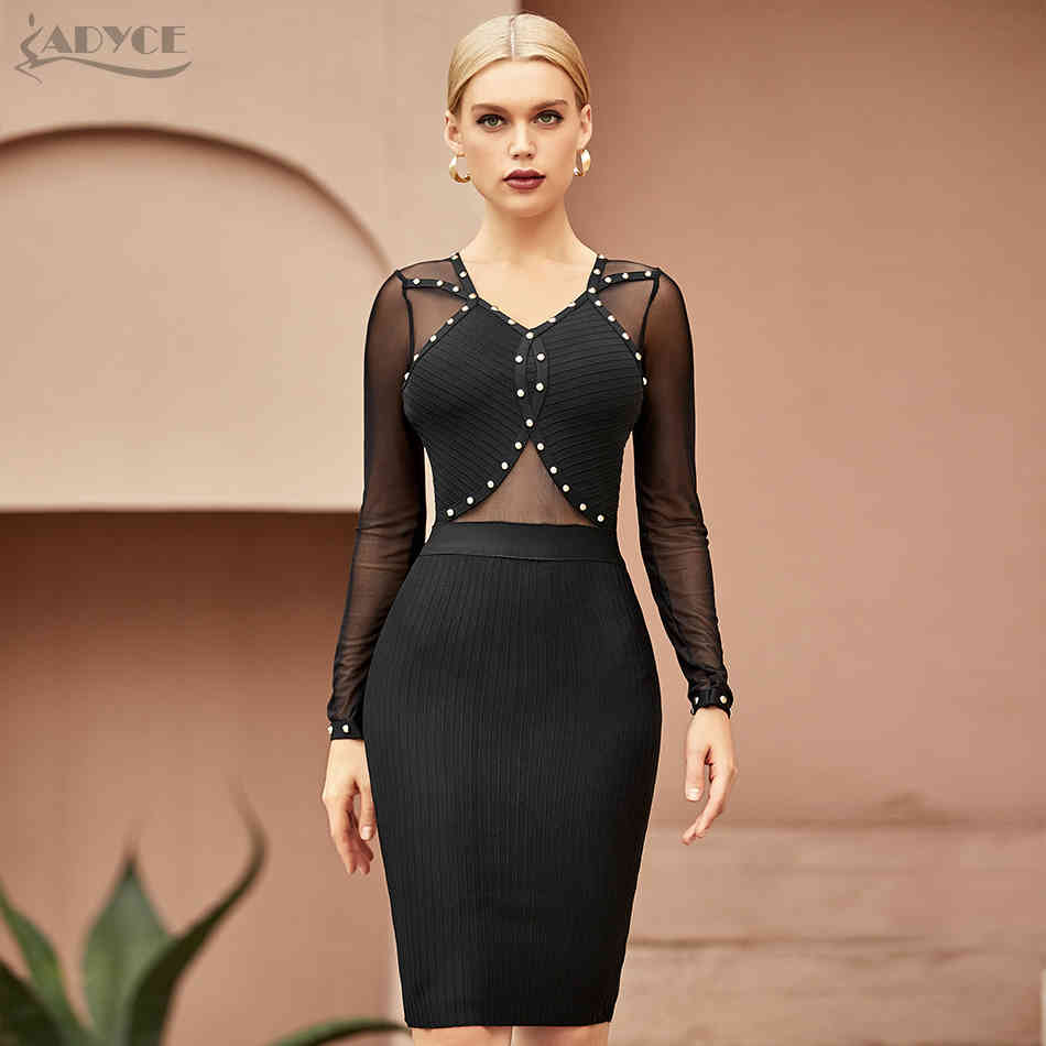 Summer Black Lace Long Sleeve Club Bandage Dress For Women Sexy V Neck Beading Celebrity Evening Party Lady 210423