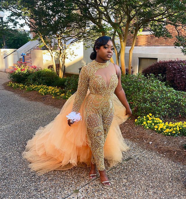 2021 Plus Size Arabic Aso Ebi Gold Luxurious Sexy Jumpsuits Prom Dresses Lace Beaded Sheer Neck Evening Formal Party Second Reception Gowns Dress ZJ49