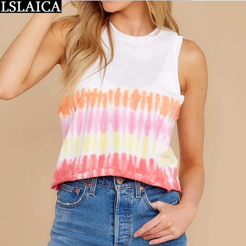 Tops Women Sleeveless Round Neck Tie-Dye Slim Elegant Office Shirt Tank Streetwear Top Casual Ladies Ropa De Mujer 210520