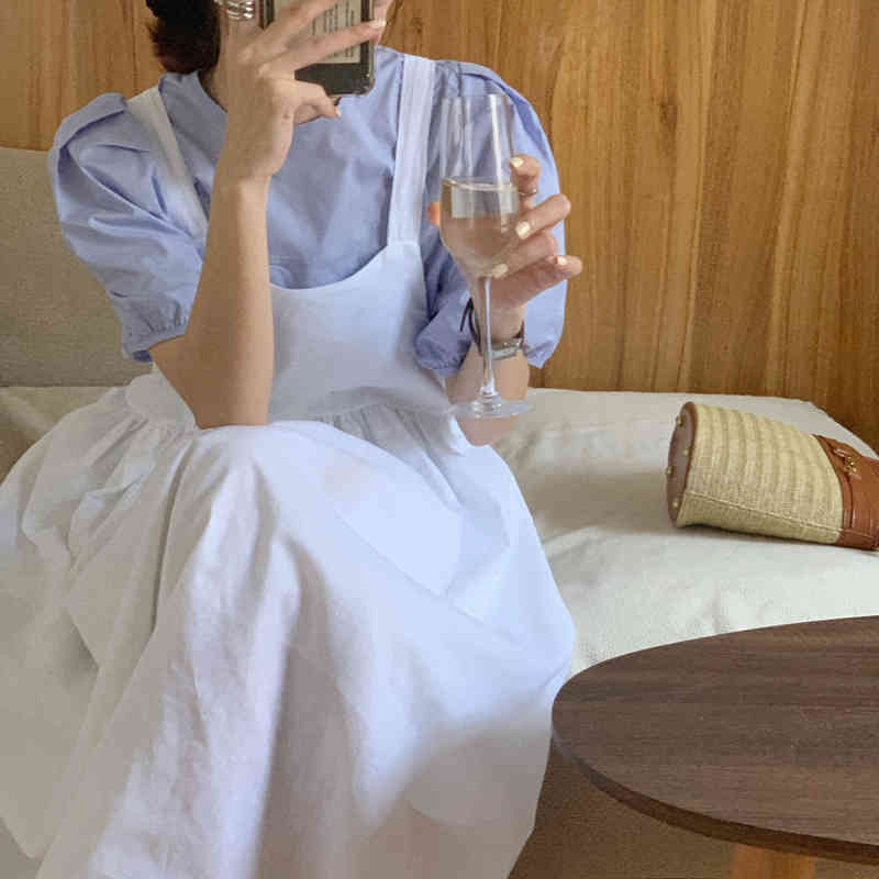 Nomikuma Korean Chic 2Pieces Sets Puff Short Sleeve Blouse Shirt + Bow Tie High Waist A-line Sling Dress Sweet Suits 6F855 210427