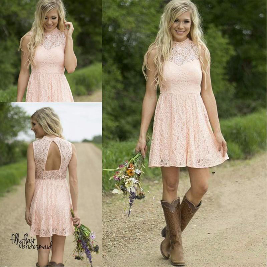 2021 Modest Country Western Full Lace Peach Short Lace Bridesmaid Dresses A Line High Neck Sleeveless Wedding Party Formal Wear