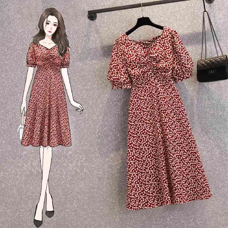 Korea Women Dresses Summer French Sweet Temperament Female Puff Sleeves V-Neck Waisted Gentle Floral Chiffon Dress Vestido 210506