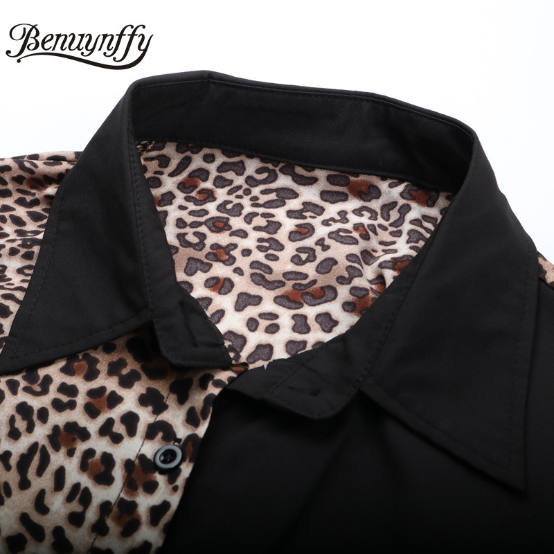 Turndown Collar Leopard Color Block Long Shirt Women Spring Sleeve Button Up Casual Blouse Without Belt 210510