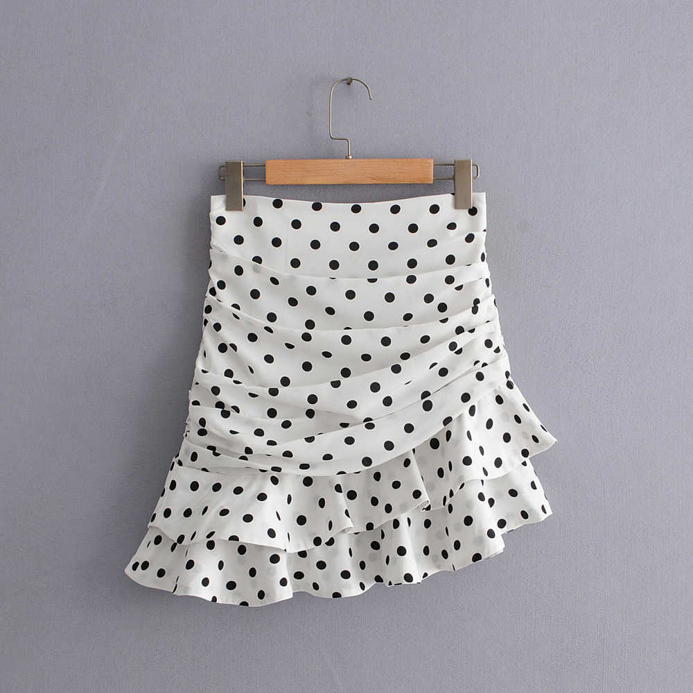 Stylish Chic Polka Dot Print Ruched Asymmetrical Slim Mini Skirt Za Fashion Women Skirts Casual Streetwear Jupe Femme 210611