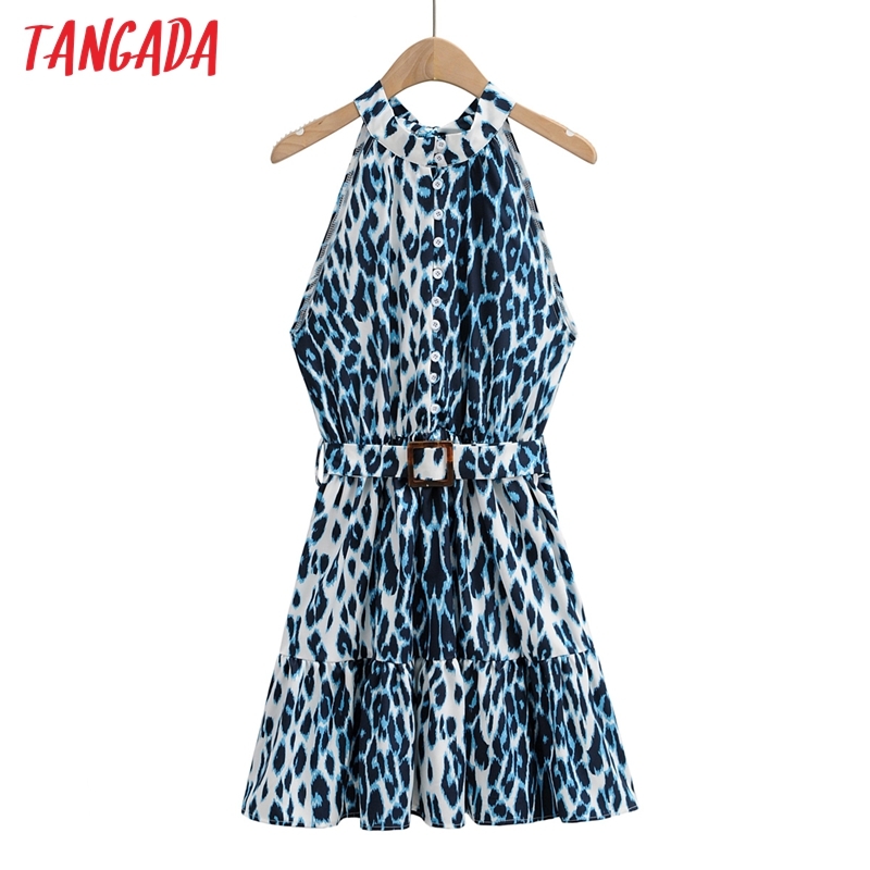Summer Women Blue Leopard Halter with Belt Sleeveless Ladies Mini Dress Vestidos 1F93 210416