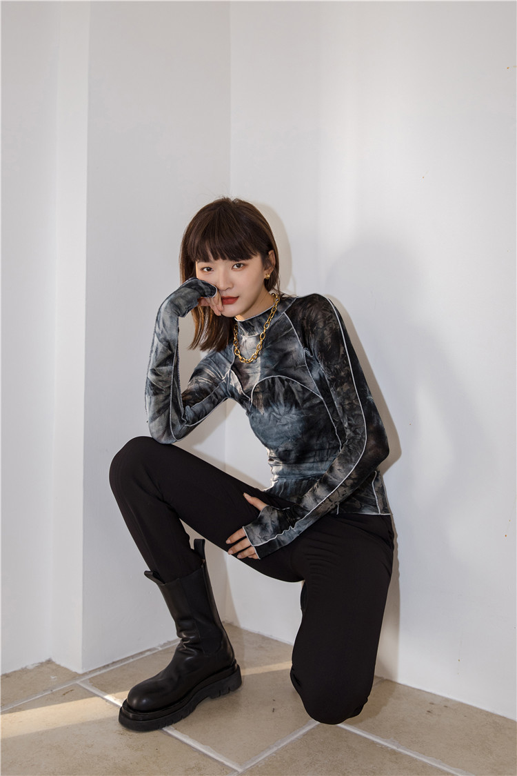 CHEERART Tie Dye Grey Black Turtleneck Woman Tshirts Bodycon Long Sleeve Top Women Fall Fashion Tee Shirt Femme Clothing 210406