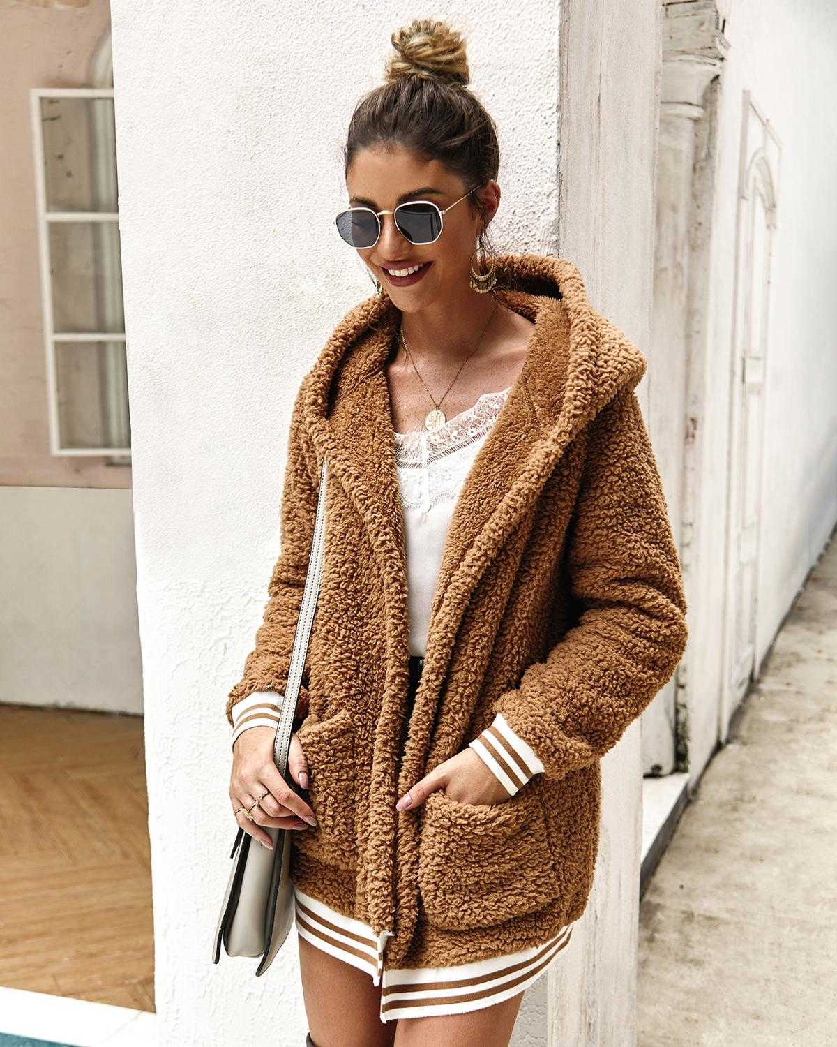Thick Winter Women Casual Faux Fur Jackets Warm Cardigan Female Teddy Plush Coats Sweatshirt Outerwear Overcoats Streetwear 211019