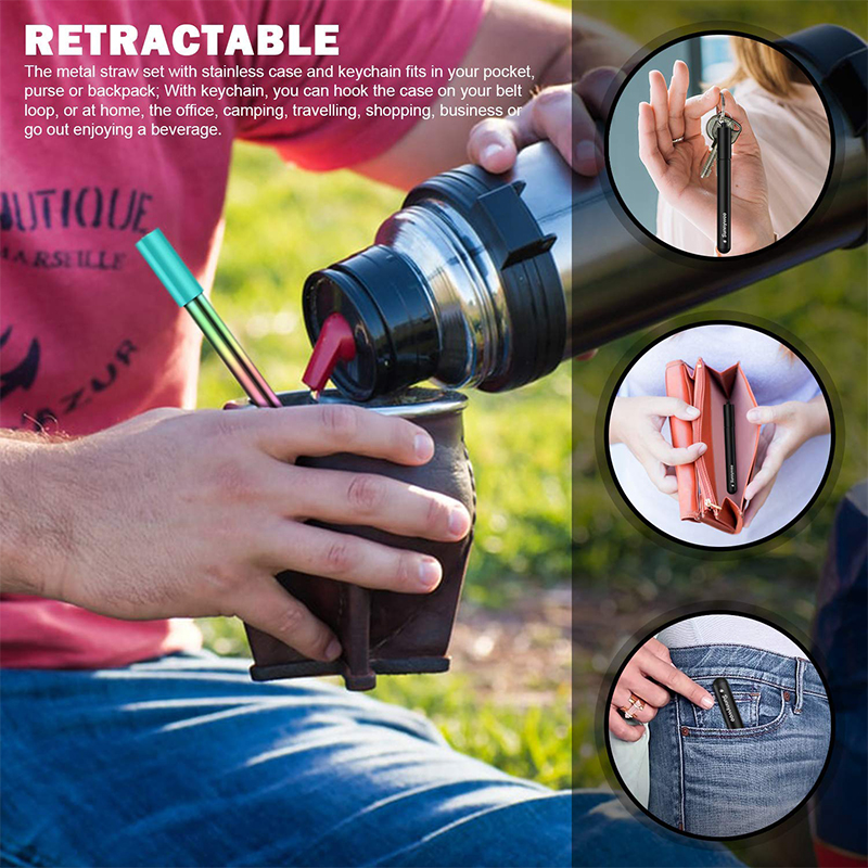 Reusable Collapsible Straws, Telescopic Stainless Steel Drinking Straw with Metal Case+Cleaner Brush+Carabiner Hook Silicone Tip DropShiping Free ship