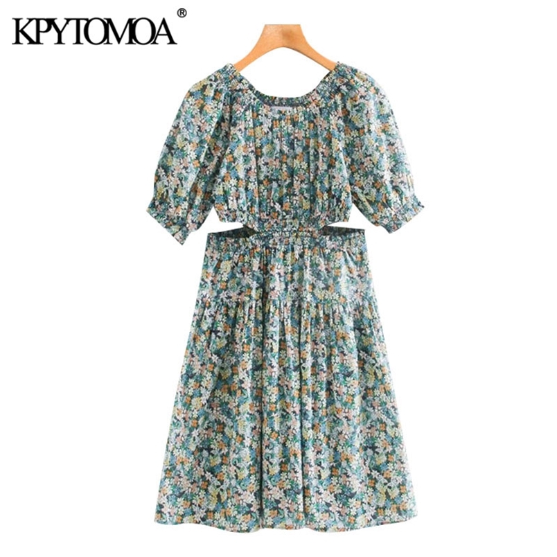 Women Chic Fashion With Cut-out Detail Smocked Trims Mini Dress O Neck Puff Sleeve Female Dresses Mujer 210420