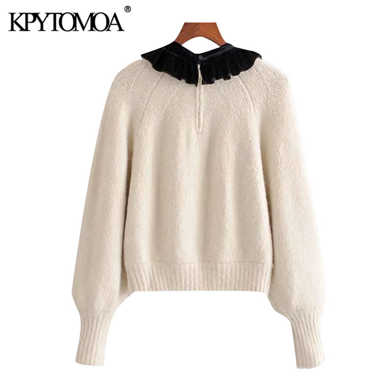 Women Sweet Fashion Patchwork Ruffle Knitted Sweater Bow Tied Lantern Sleeve Female Pullovers Chic Tops 210420