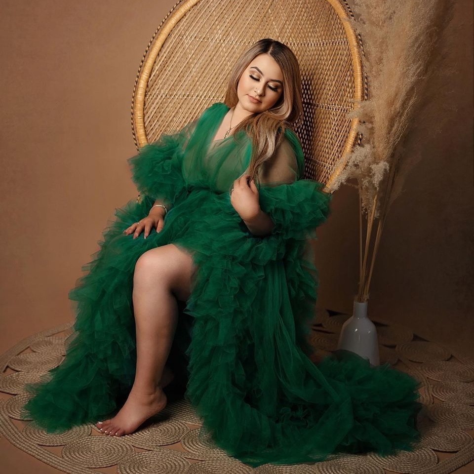 Green Oversize Pregnant Women's Prom Dresses Ruffled Maternity Robes Tiered Skirt Party Wear Photography Gowns