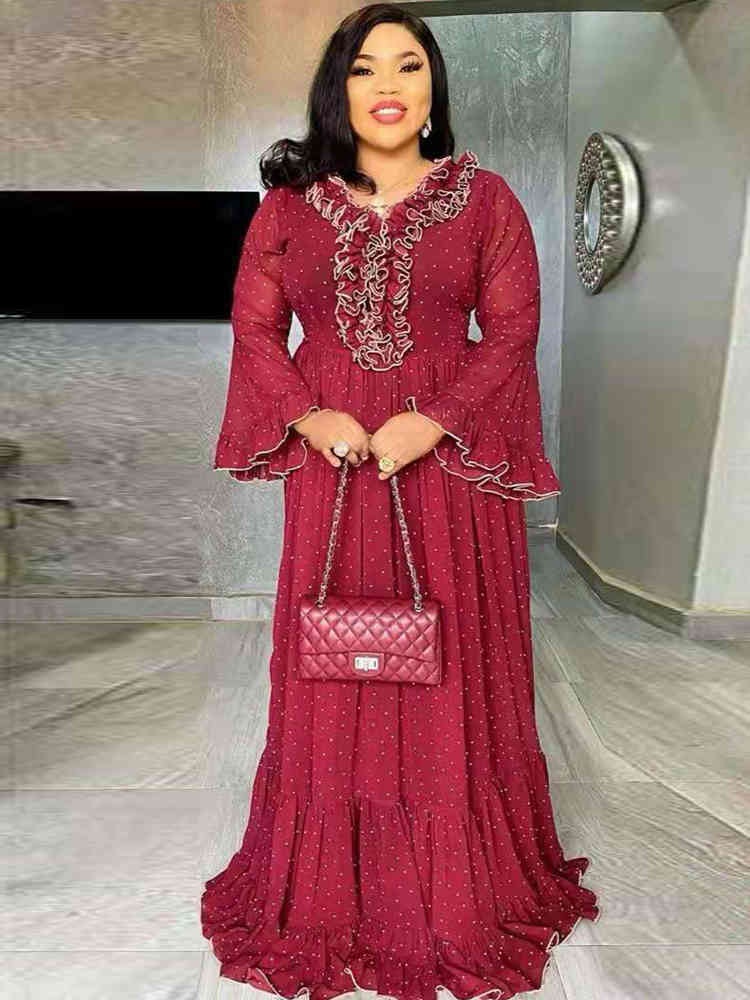 African Dresses for Women Abaya Dubai Muslim Dress Dashiki Red Appliques V Neck Long Flare Sleeve Maxi Dress Party Vestidos Robe 210408