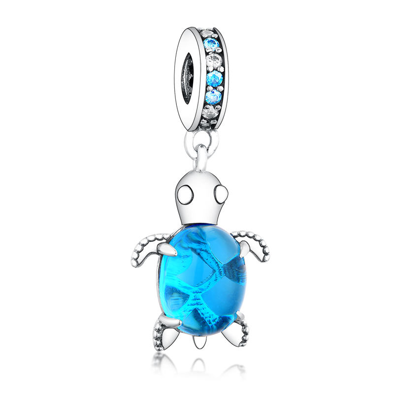 Fit Original Brand Charm Bracelet Authentic 925 Silver Cute Animal Tortoise Deep Blue Murano Glass Turtle Pendant Bead For Making Berloque