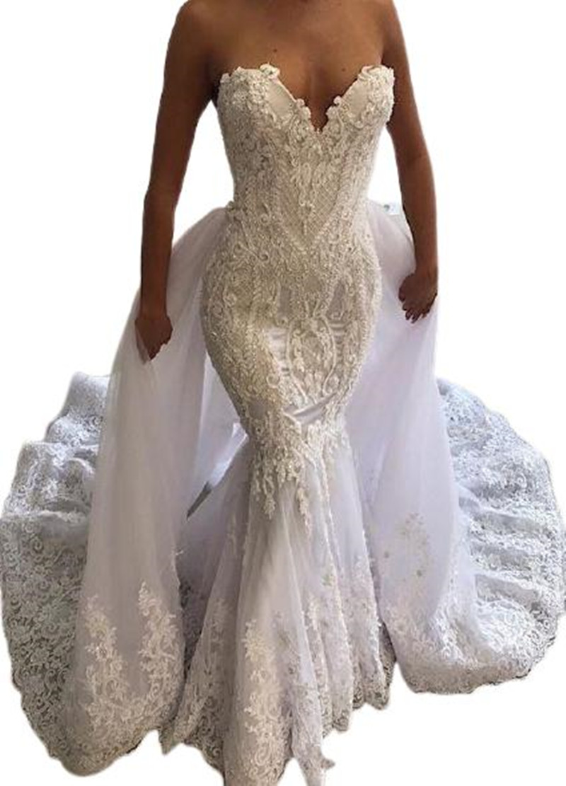 2022 Sexy Mermaid Wedding Dresses Detachable Skirt Train Vintage White V Neck Lace Applique Corset Bridal Gowns USA