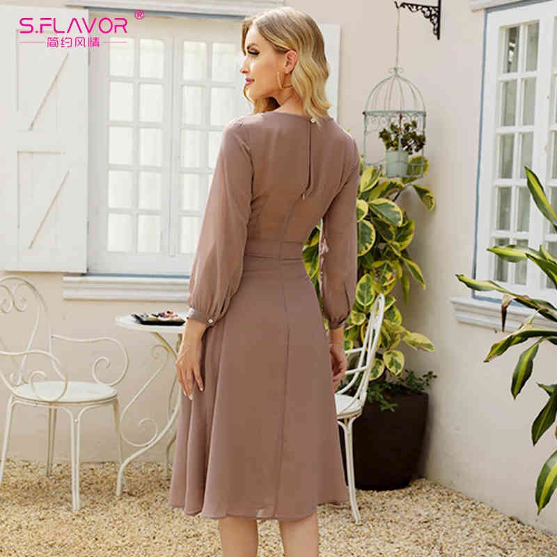 S.FLAVOR Spring Fashion Women Brown Chiffon Dress Elegant Long Sleeve Pleated A-Line Dress Solid Summer Women Boho Midi Vestidos 210409