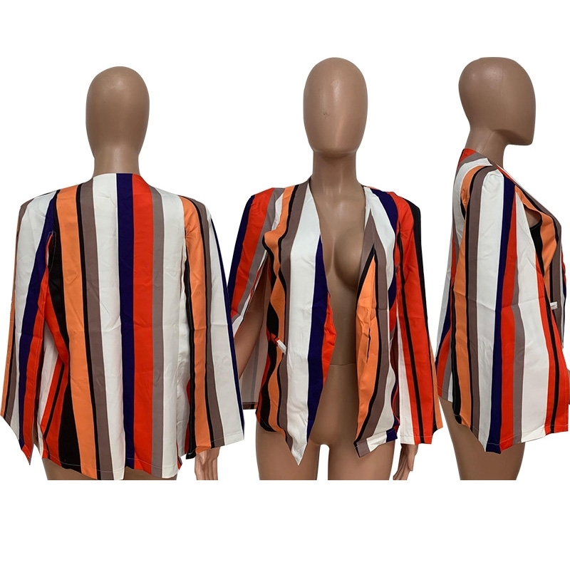 Striped Print OL Blazer Tops Women Full Sleeve Scarf Collar Slim Blazers (Without Shorts) 211104