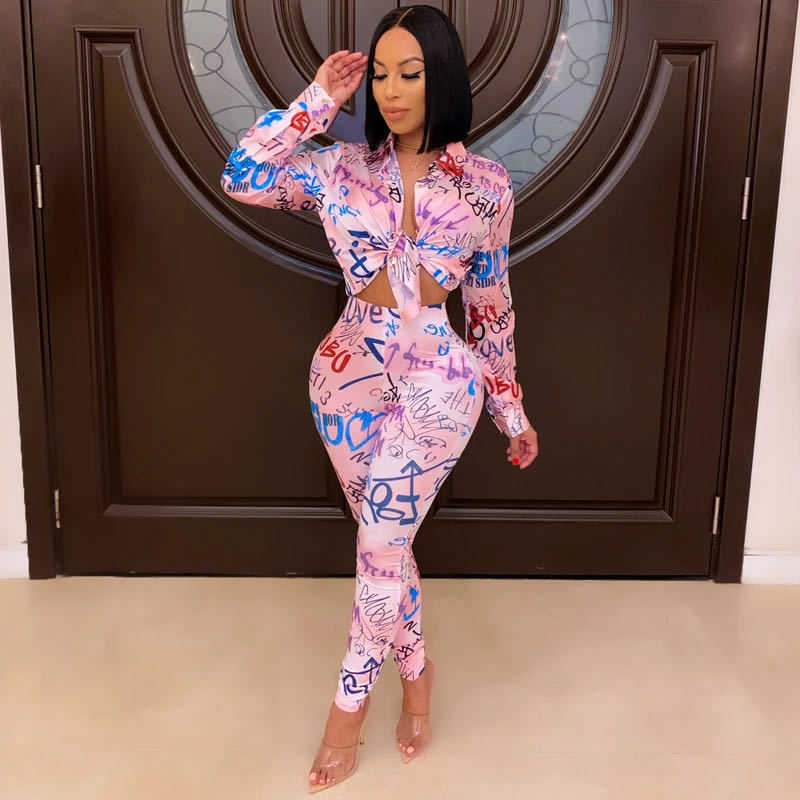 Women Sets Digital Printing Two Piece Top And Pants Long Sleeve Loose Casual Shirt Leggings 2 210524
