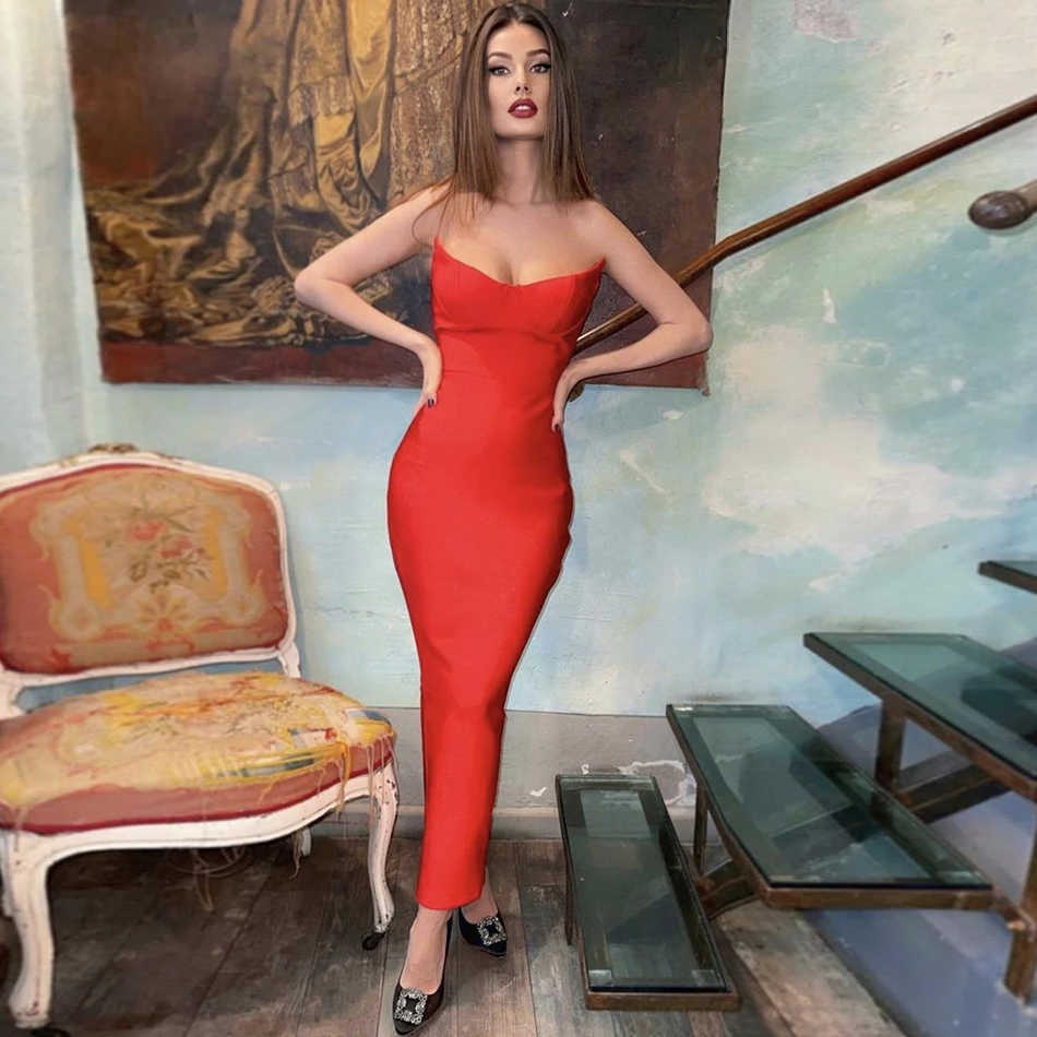Women'S Black Red Tight-Fitting Bandage Dress Sexy V-Neck Strapless Club Celebrity Party Runway Long 210525