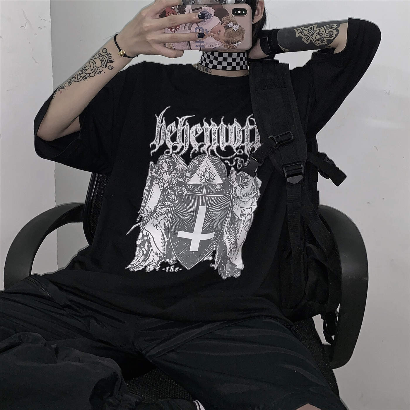 QWEEK Goth Harajuku Tshirt Emo Style Mall Goth Tops Summer Punk Rock Gothic Graphic T Shirts Streetwear Black Tops Clothes 210406